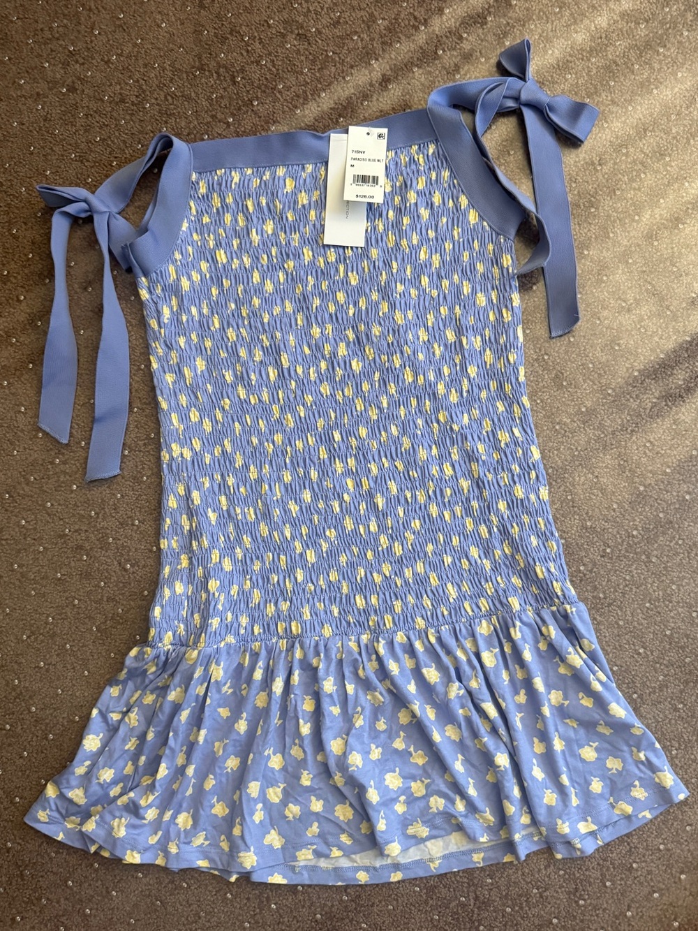 French Connection Light Blue Floral Smocked Sundress with Tie Straps